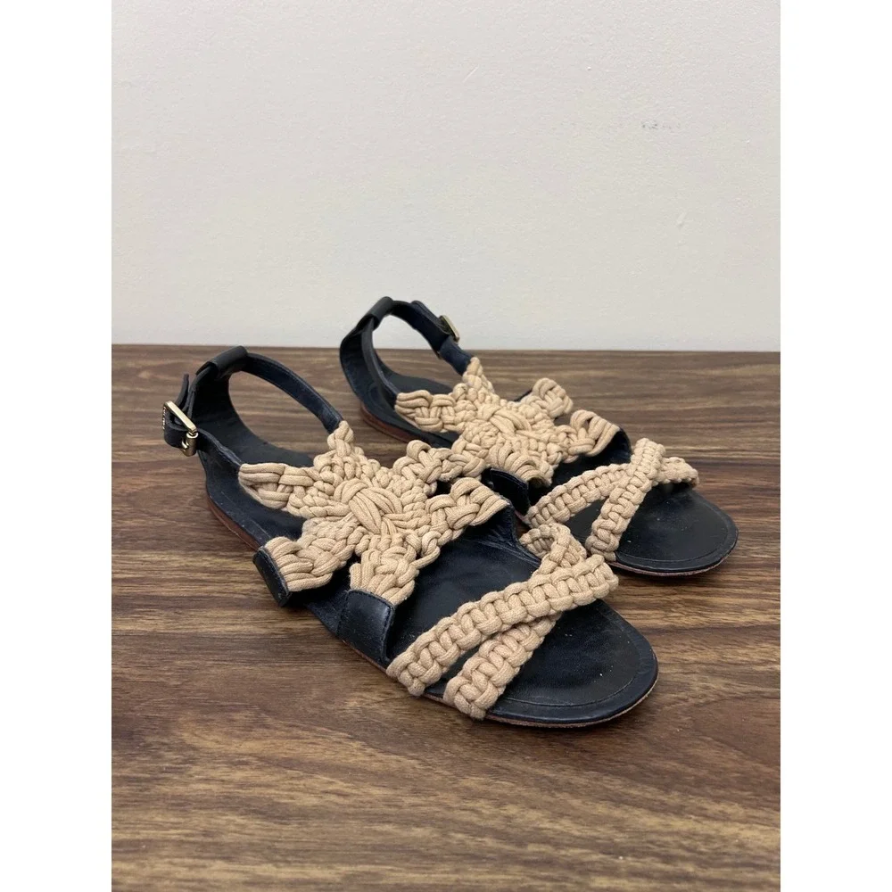 Tory Burch Black Leather Macrame Strap‎ Flat Sandals Women Size 7.5M